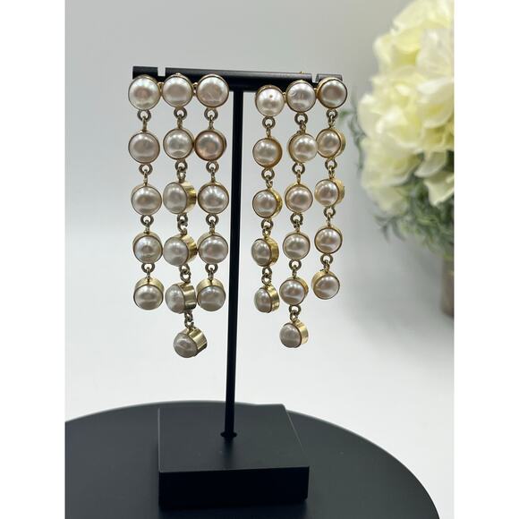 SHASHI Naya White Pearl Designer Dangle Three Triple Row Drop Earrings - Picture 7 of 14